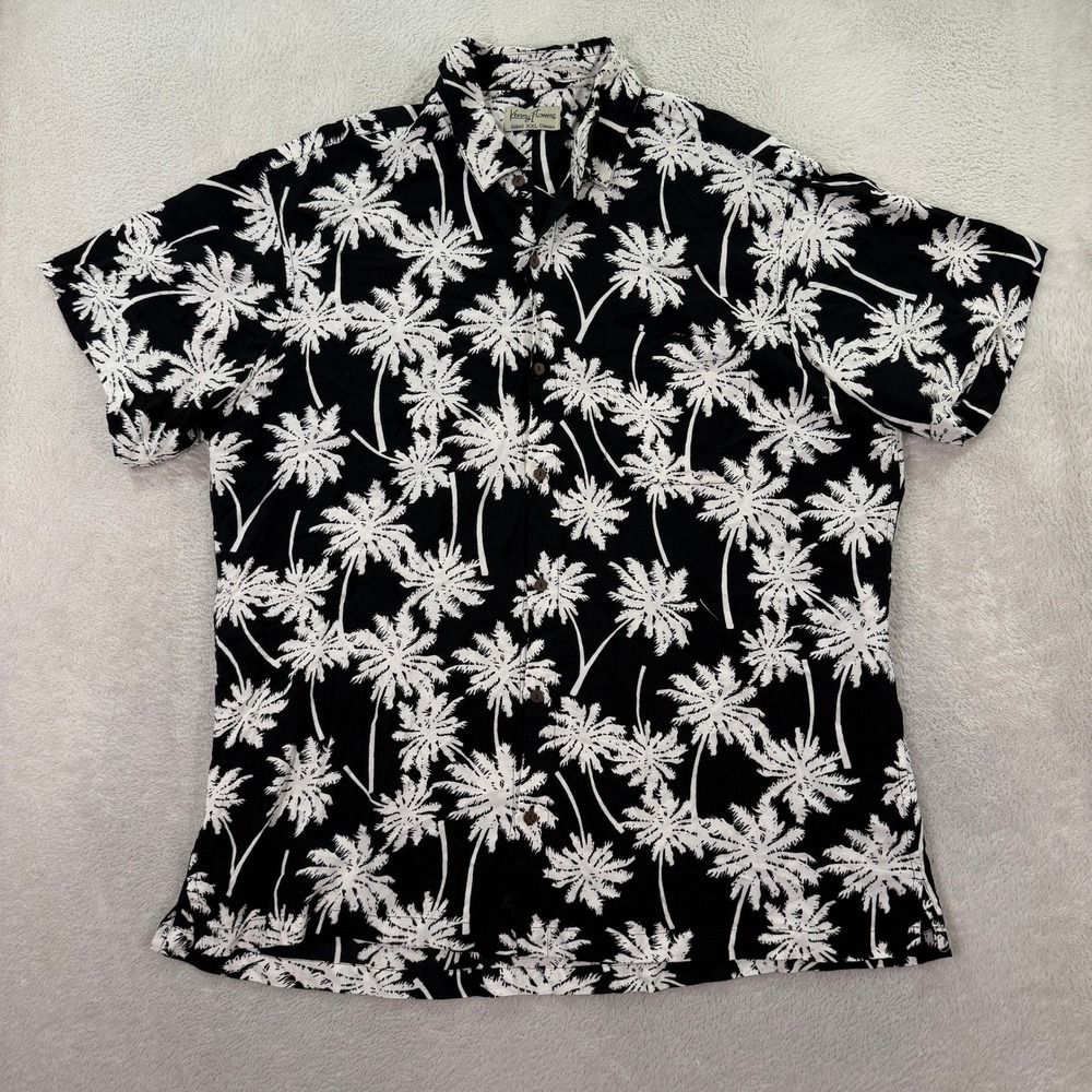 Kenny Flowers Mens XXL Shirt Black White Palm Tree Rayon Hawaii Aloha Tropical